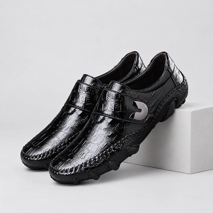 Halston Genuine Leather Loafers — Dark Brown Crocodile (mens shoe pedestal)