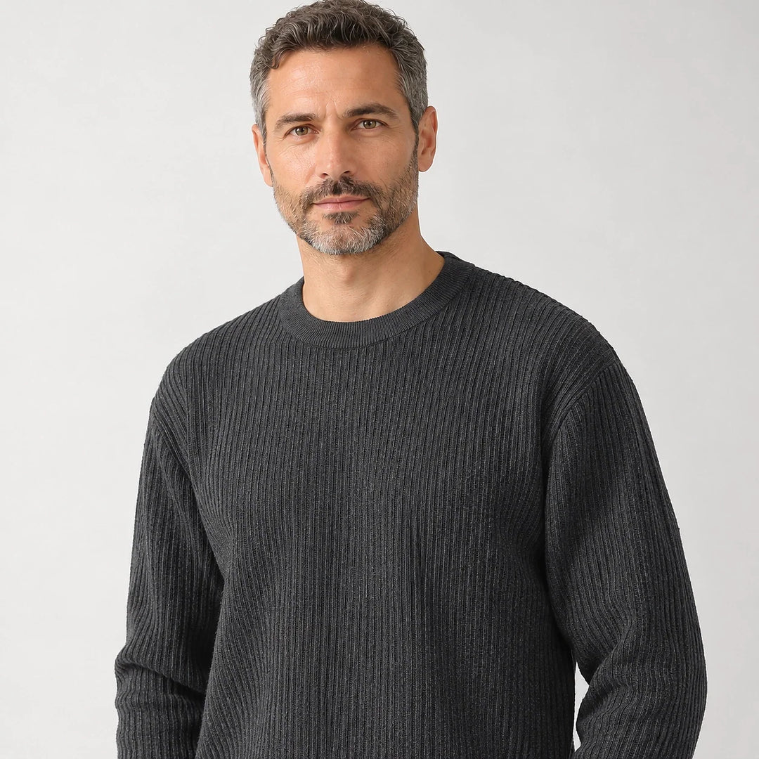 Harlen Ribbed Crewneck Sweater — Dark Gray (apparel detail)