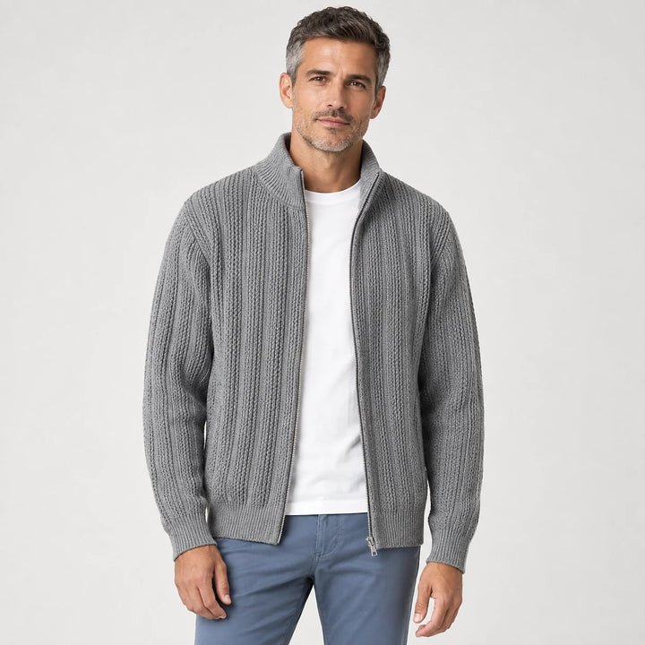 Daxton Ribbed Knit Cardigan — Dark Gray (apparel front)