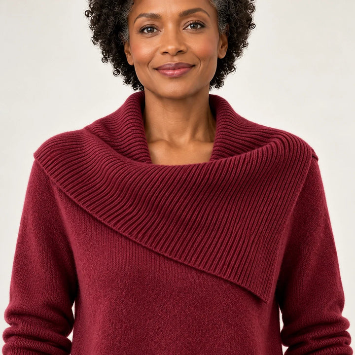 Dorevessa Scarf Collar Sweater — Deep Red (apparel detail)