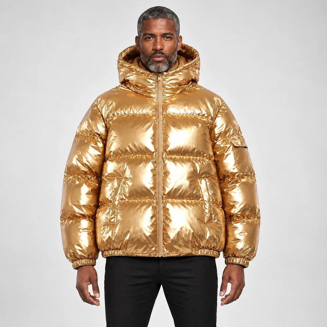 Byrne Glossy Puffer Jacket — Gold (apparel front)