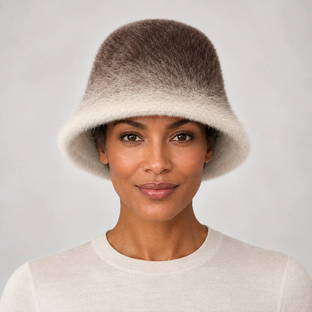 Lumiye Rabbit Fur Bucket Hat — Gradient Rabbit Fur Bucket Hat Brown (headwear model front)