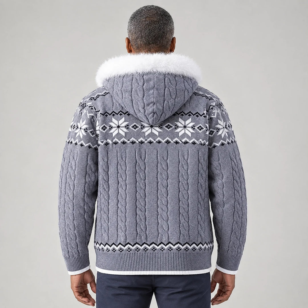 Halvern Cable-Knit Hooded Cardigan — Gray (apparel back)