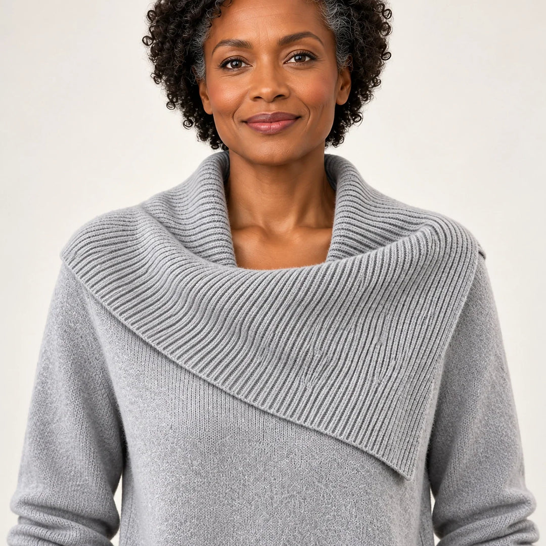 Dorevessa Scarf Collar Sweater — Gray (apparel detail)