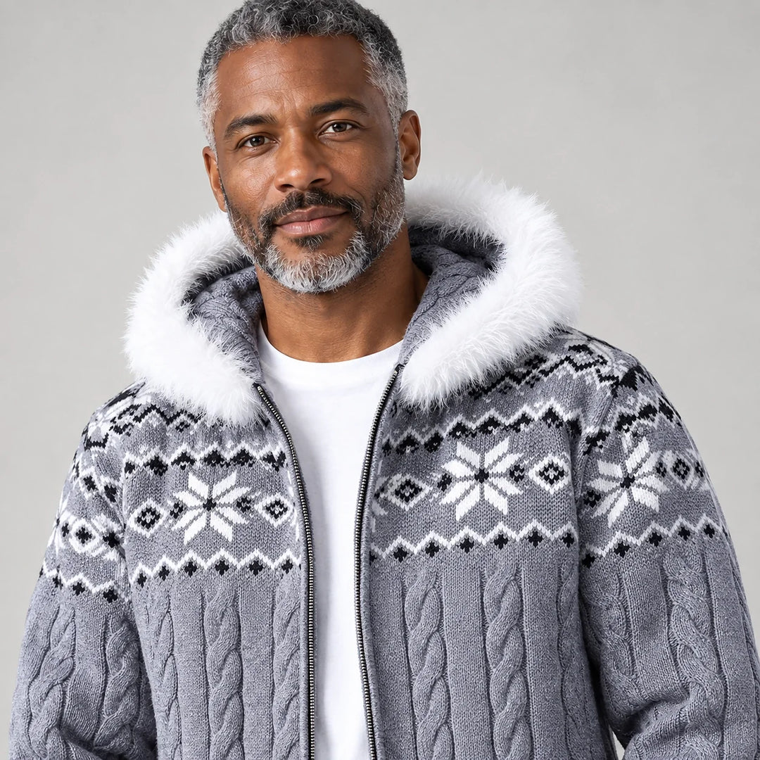 Halvern Cable-Knit Hooded Cardigan — Gray (apparel detail)
