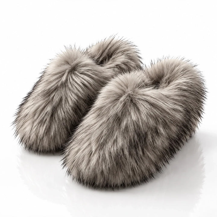 Fioravessa Plush Slippers — Gray (imitation Raccoon Fur) (womens shoe hero)