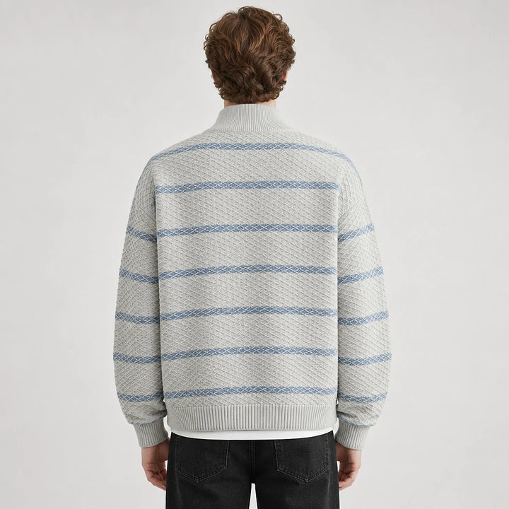 Drevon Striped Knit Cardigan — Grayish White (apparel back)