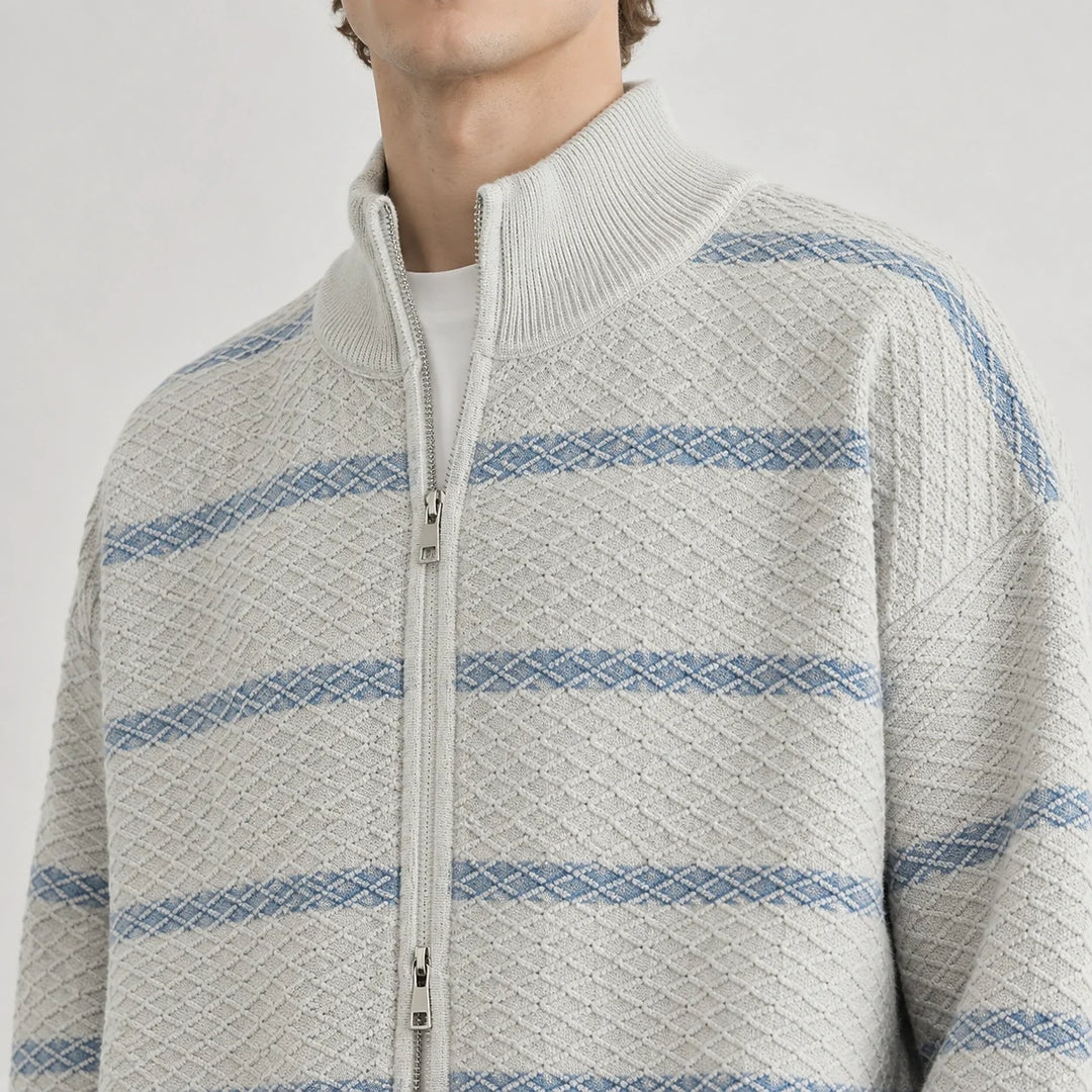 Drevon Striped Knit Cardigan — Grayish White (apparel detail)
