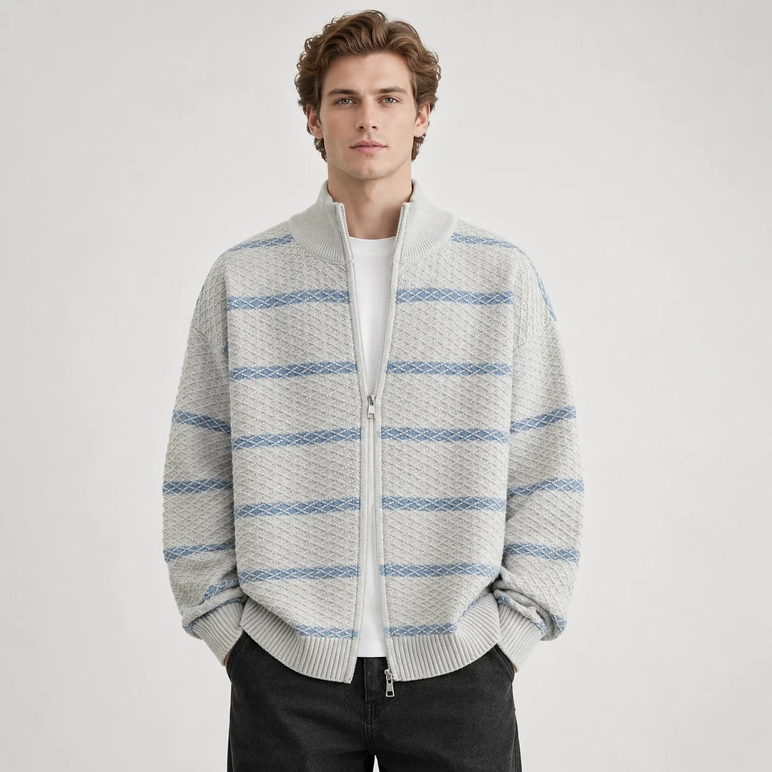 Drevon Striped Knit Cardigan — Grayish White (apparel front)