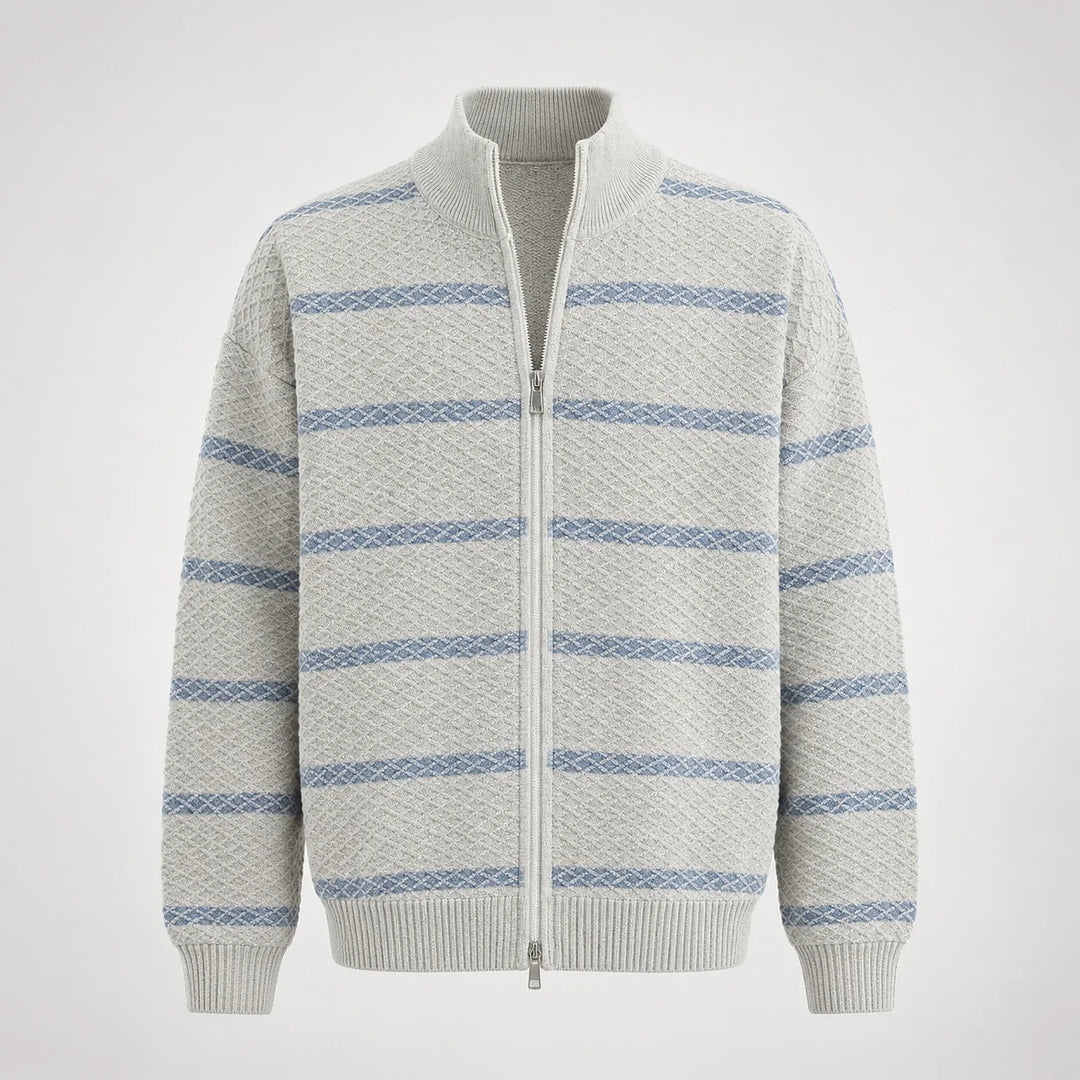 Drevon Striped Knit Cardigan — Grayish White (apparel solo)