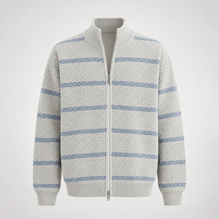 Drevon Striped Knit Cardigan — Grayish White (apparel solo)