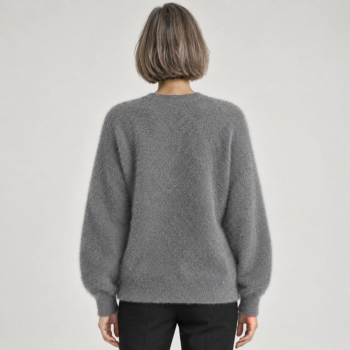 Halvern Fuzzy Knit Cardigan — Grey (apparel back)