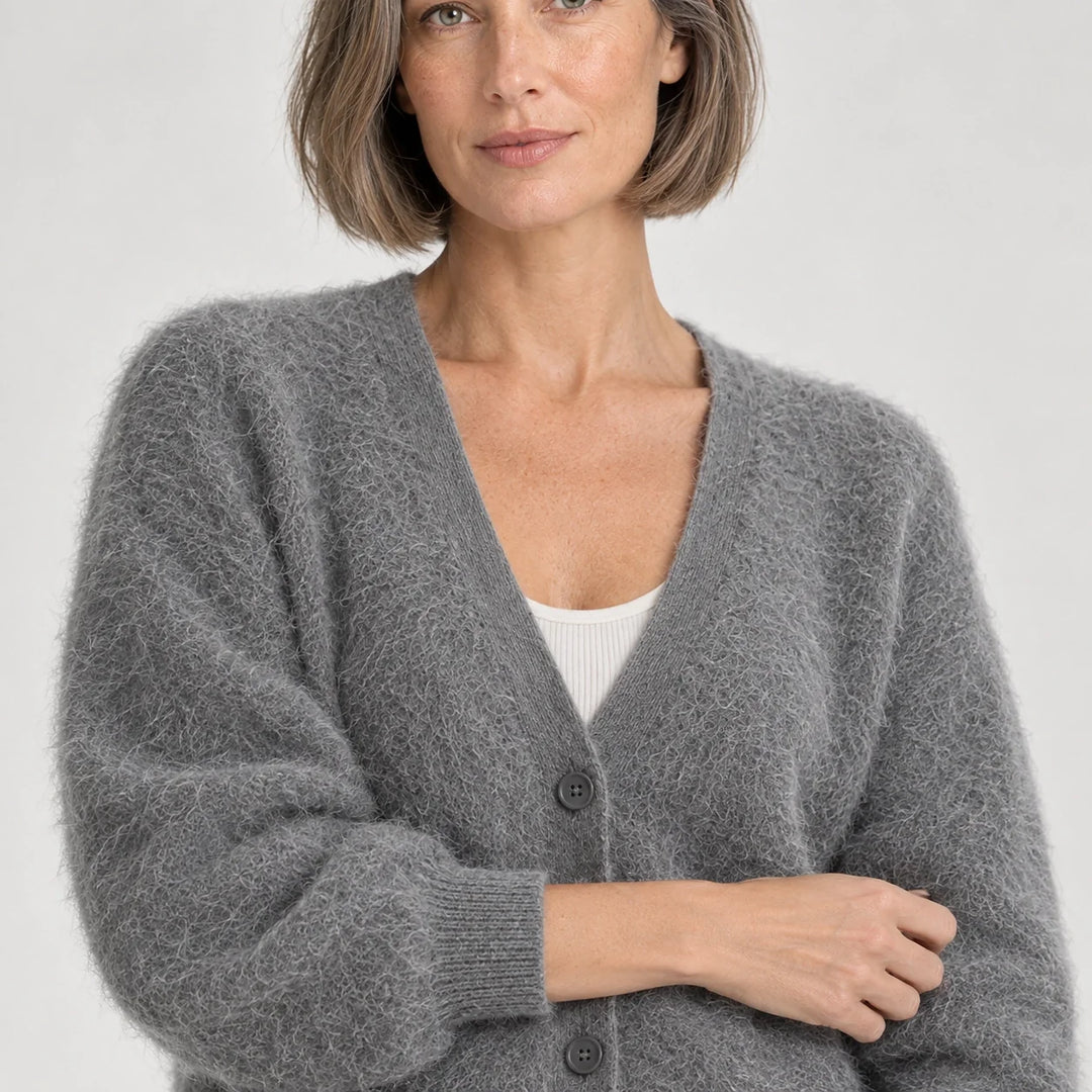 Halvern Fuzzy Knit Cardigan — Grey (apparel detail)