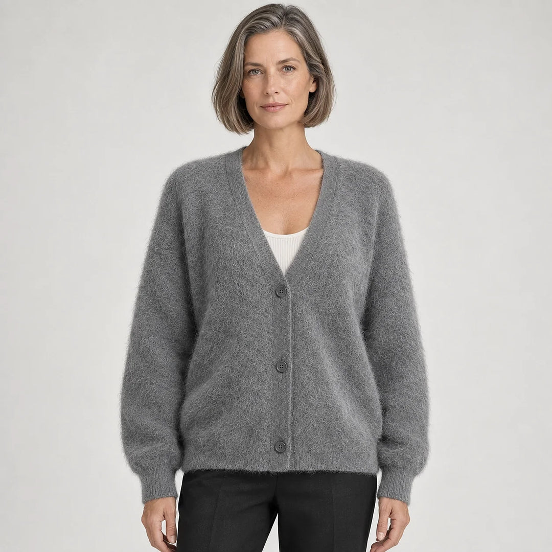 Halvern Fuzzy Knit Cardigan — Grey (apparel front)