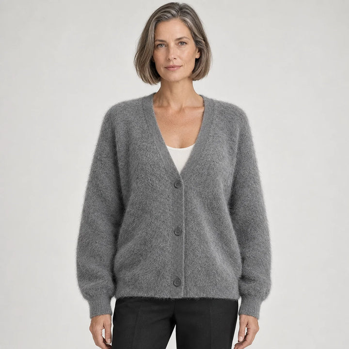 Halvern Fuzzy Knit Cardigan — Grey (apparel front)