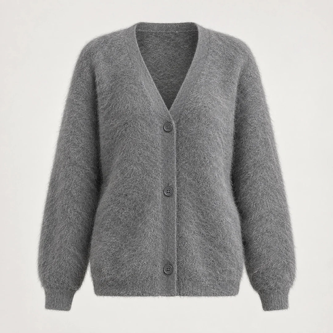 Halvern Fuzzy Knit Cardigan — Grey (apparel solo)