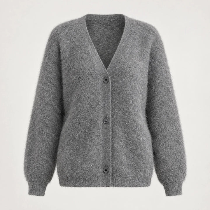 Halvern Fuzzy Knit Cardigan — Grey (apparel solo)
