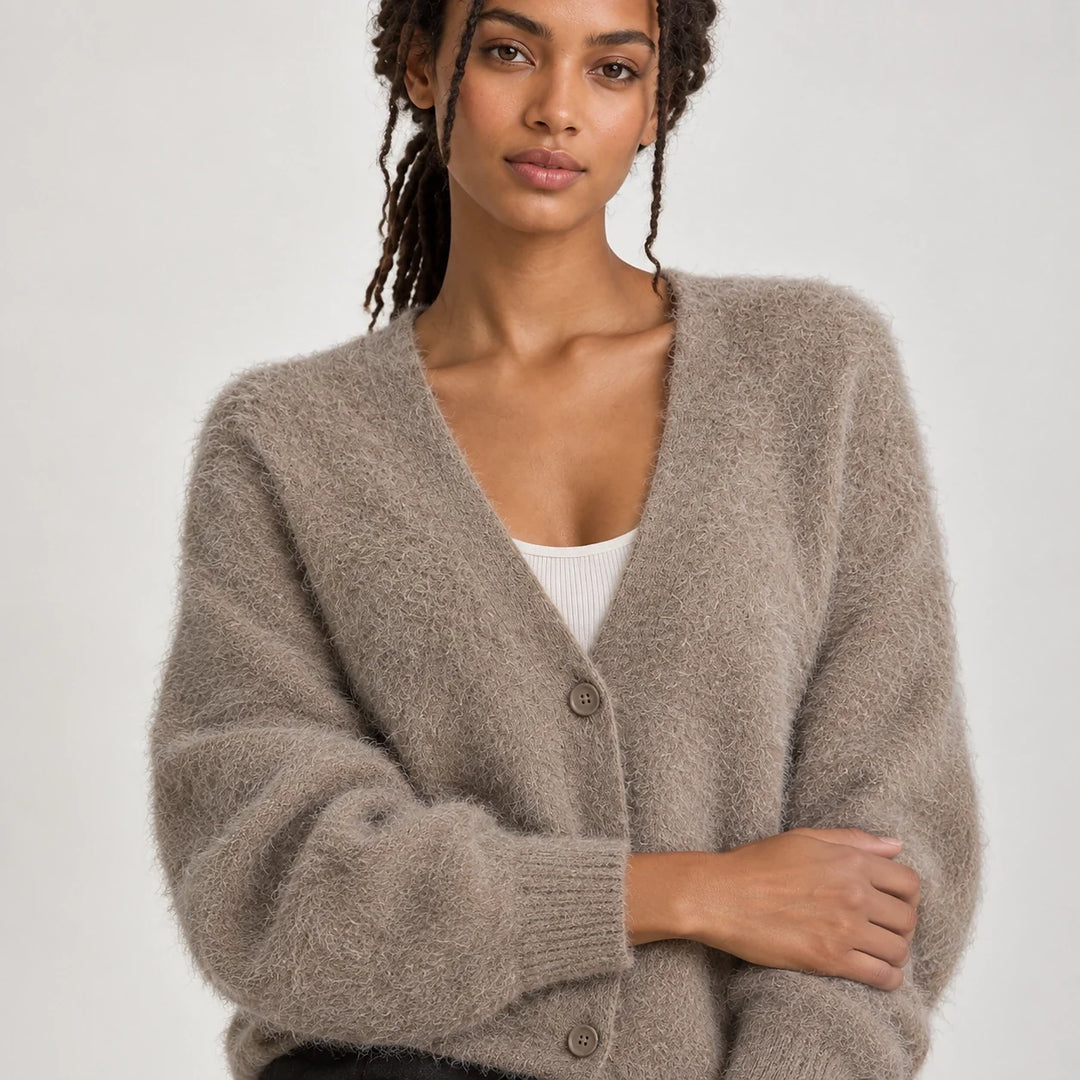 Halvern Fuzzy Knit Cardigan — Khaki (apparel detail)