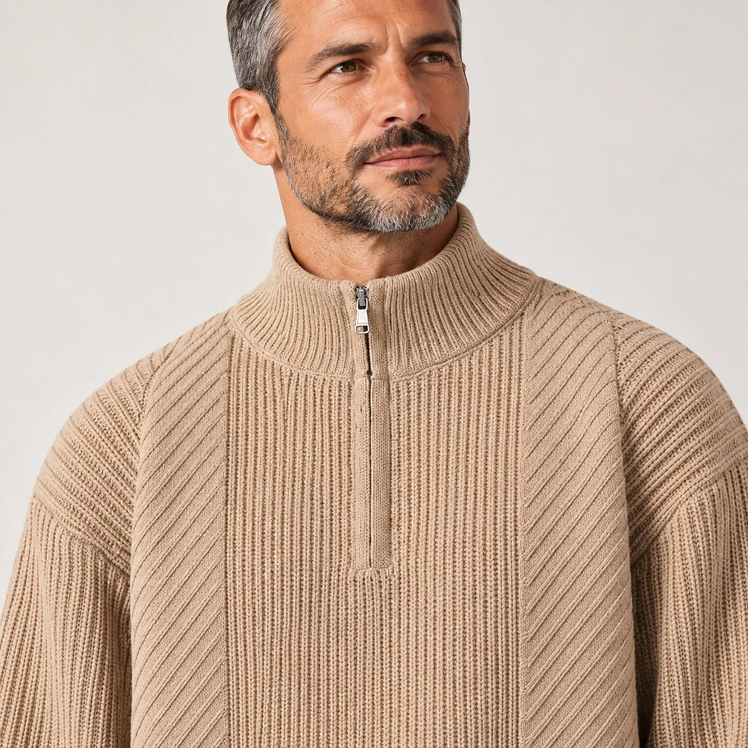 Bruthen Ribbed Half-Zip Sweater — Khaki (apparel detail)