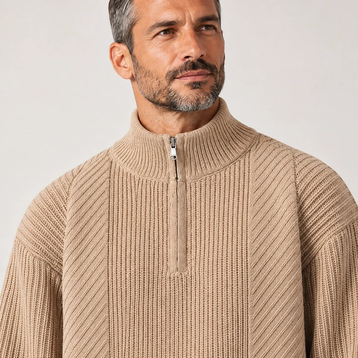 Bruthen Ribbed Half-Zip Sweater — Khaki (apparel detail)