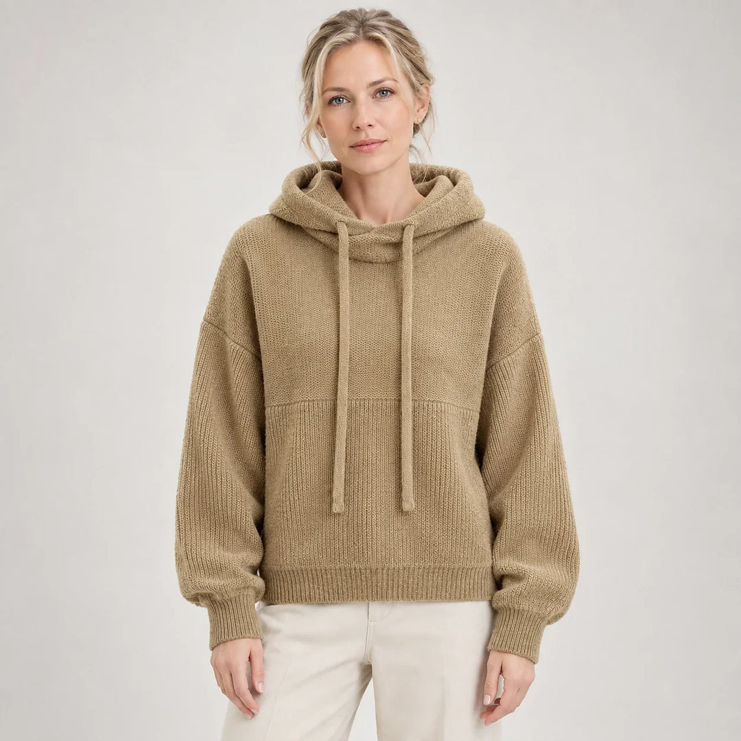 Delwyn Hooded Knit Sweater — Khaki Color (apparel front)