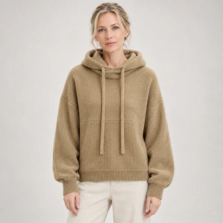 Delwyn Hooded Knit Sweater — Khaki Color (apparel front)