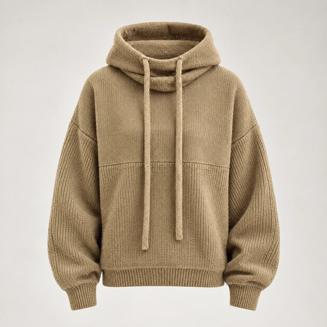 Delwyn Hooded Knit Sweater — Khaki Color (apparel solo)