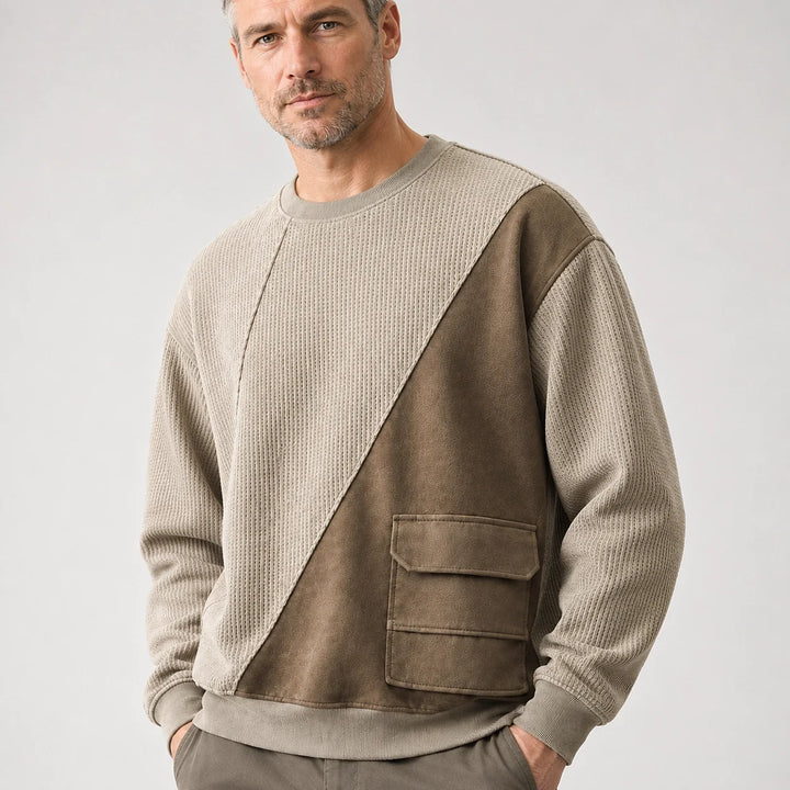 Halvern Colorblock Crewneck Sweatshirt — Khaki & Olive (apparel detail)
