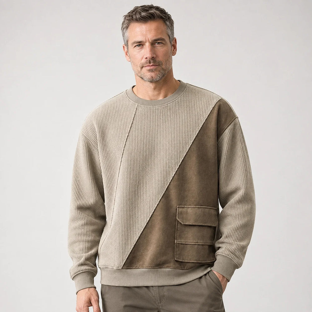 Halvern Colorblock Crewneck Sweatshirt — Khaki & Olive (apparel front)