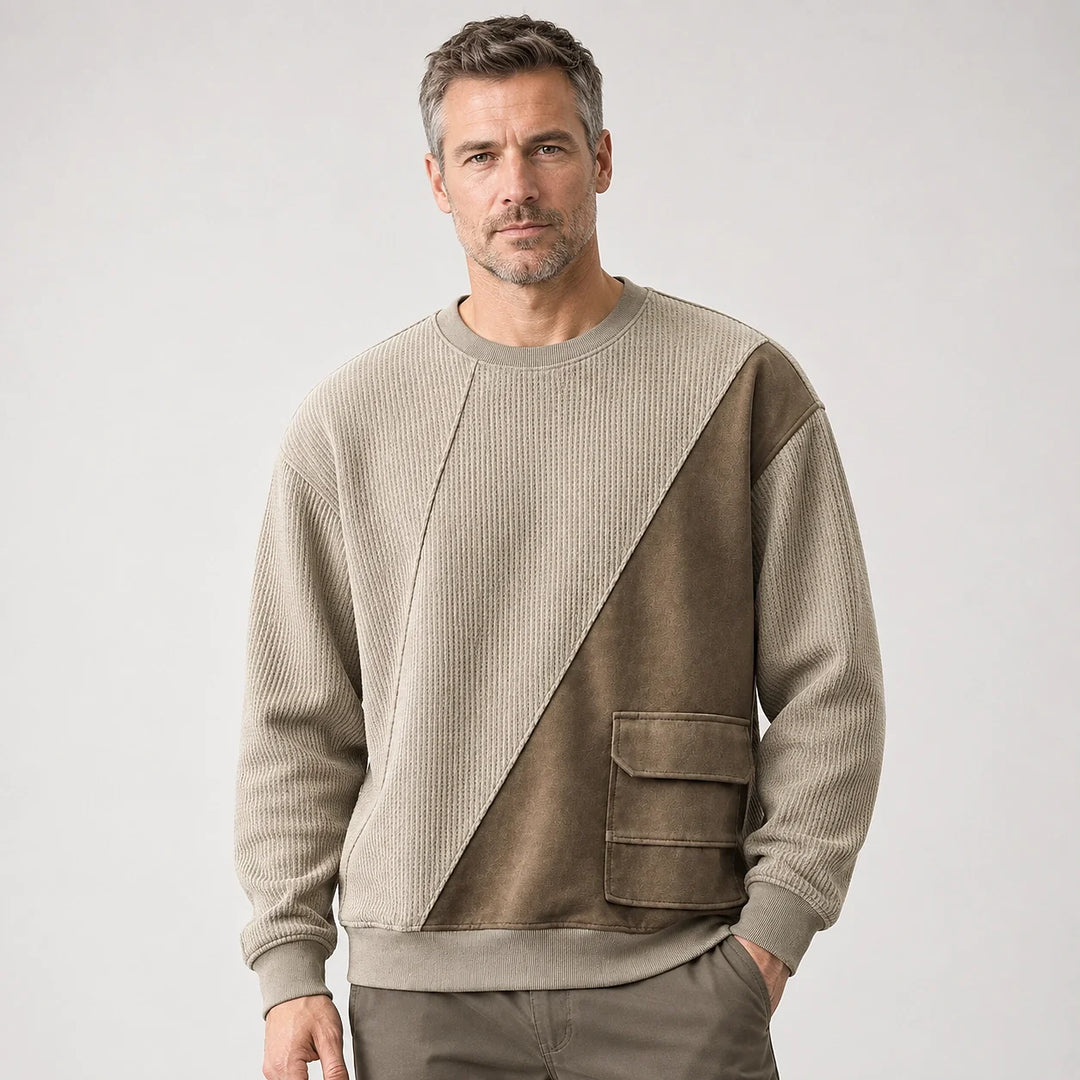 Halvern Colorblock Crewneck Sweatshirt — Khaki & Olive (apparel front)
