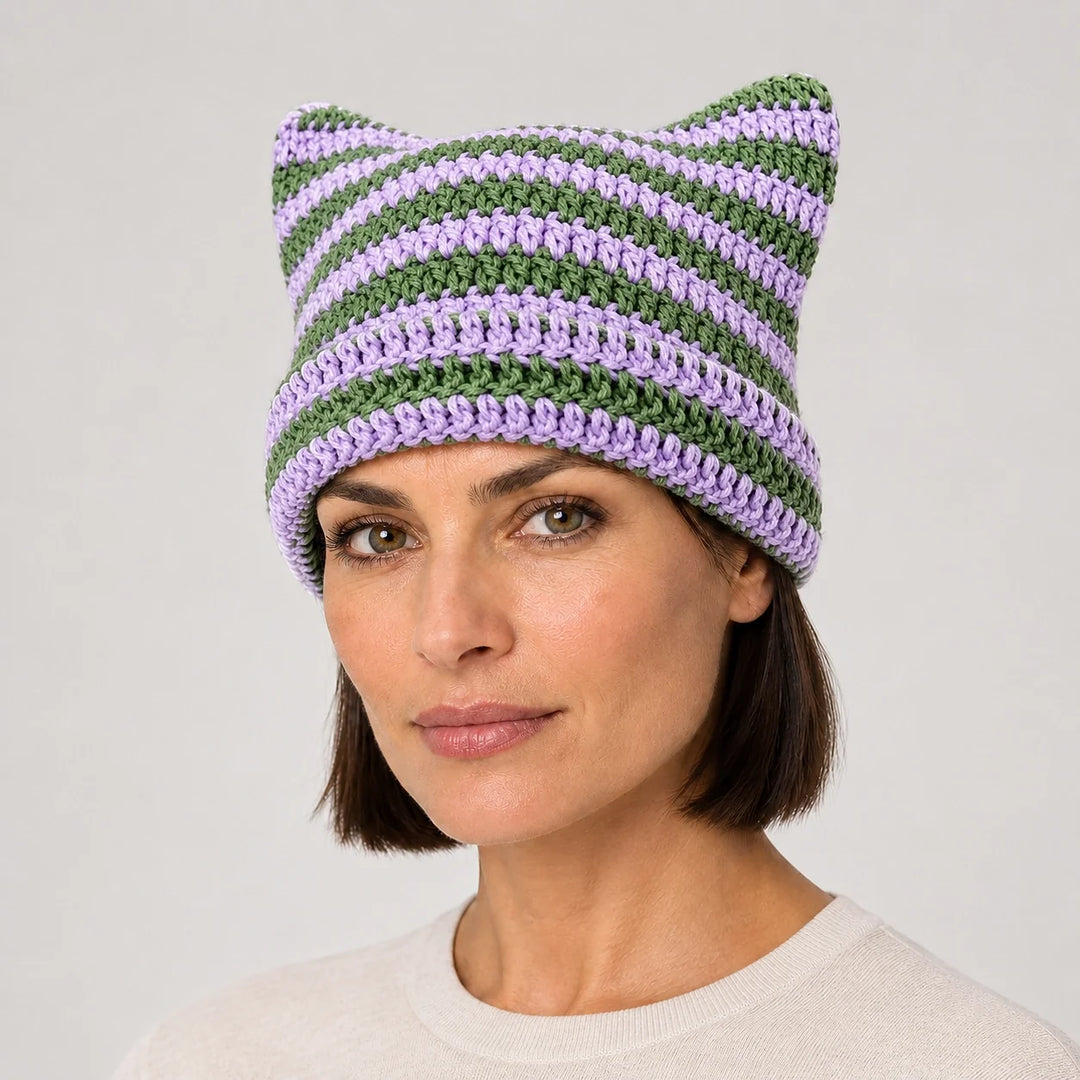 Delphi Cat Ear Crochet Beanie — Lavender Green Stripe (headwear model front)