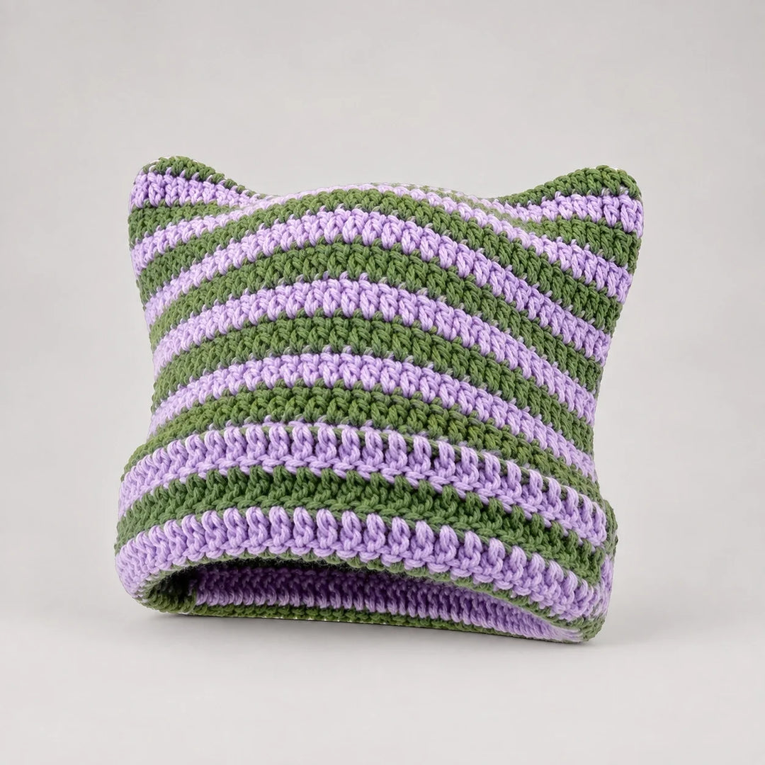 Delphi Cat Ear Crochet Beanie — Lavender Green Stripe (headwear solo front)