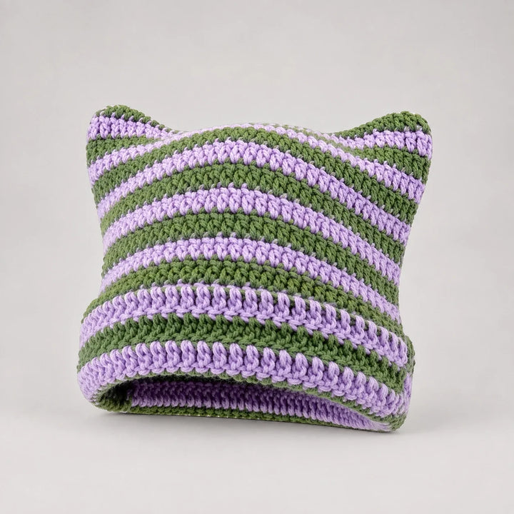 Delphi Cat Ear Crochet Beanie — Lavender Green Stripe (headwear solo front)