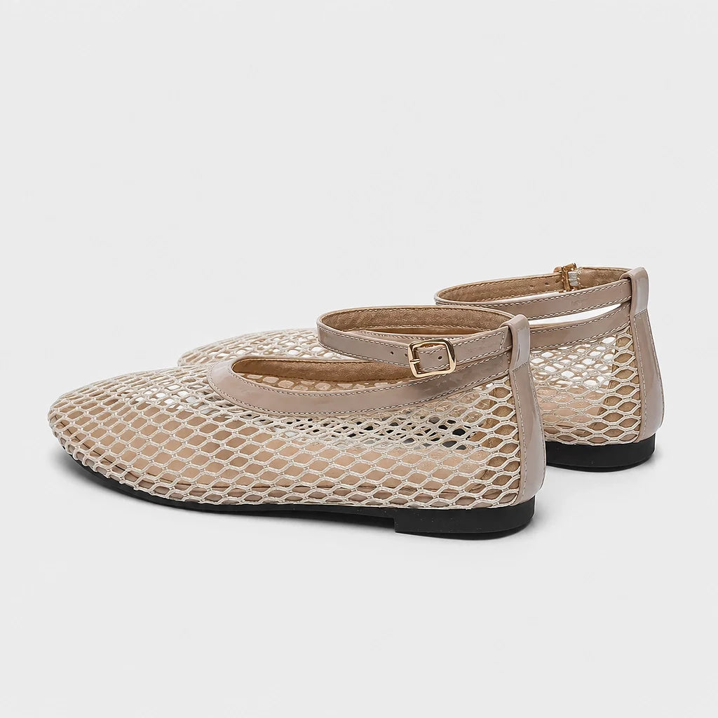 Calla Mesh Ankle Strap Flats — Leopard (studio solo alt)