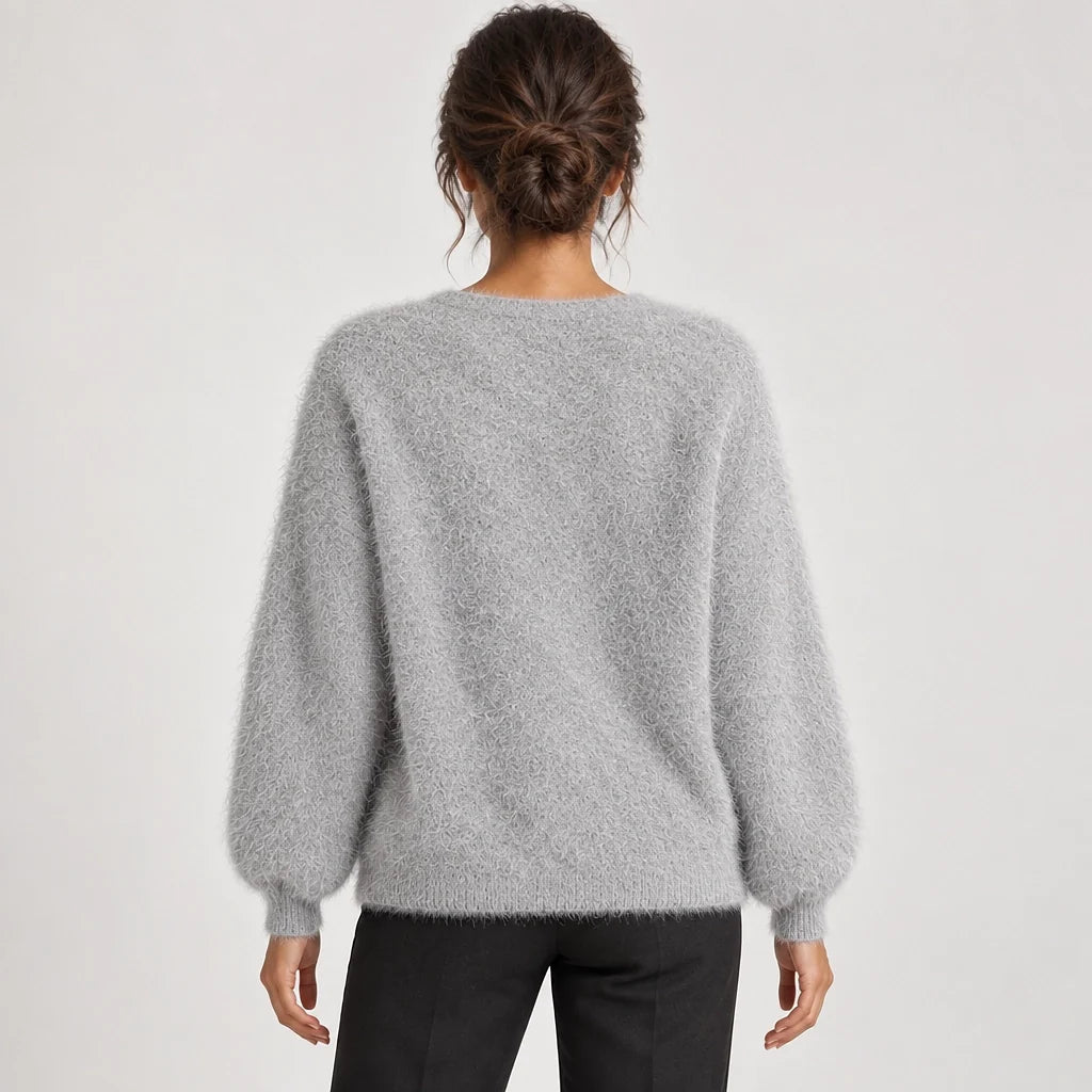 Halvern Fuzzy Knit Cardigan — Light Gray (apparel back)