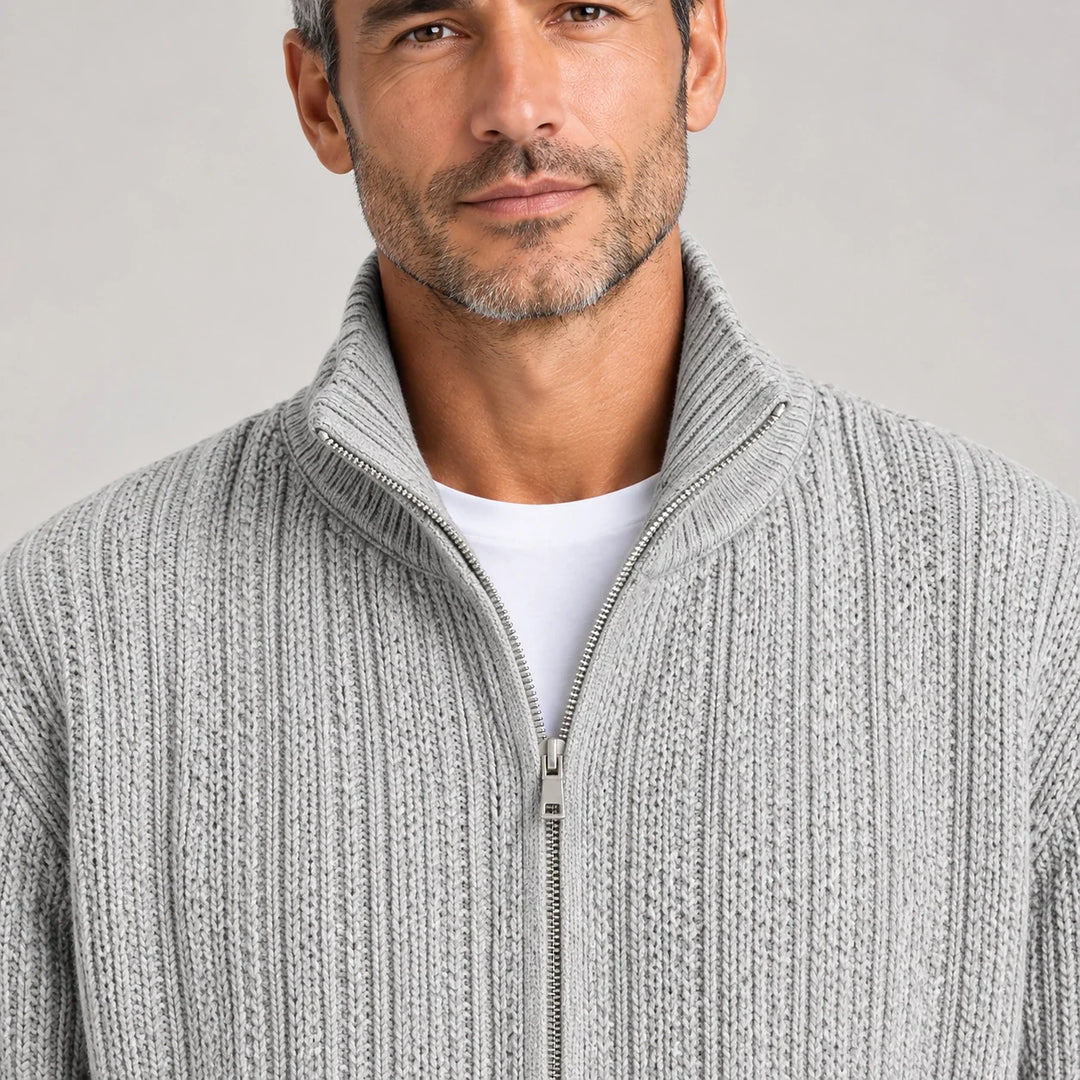 Daxton Ribbed Knit Cardigan — Light Gray (apparel detail)