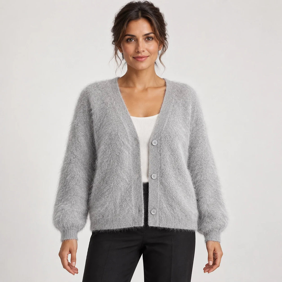 Halvern Fuzzy Knit Cardigan — Light Gray (apparel front)