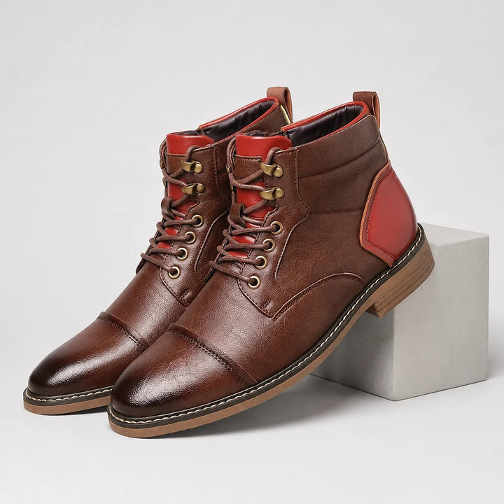 Daltrey Leather Cap Toe Boots — Mahogany Brown (mens shoe pedestal)