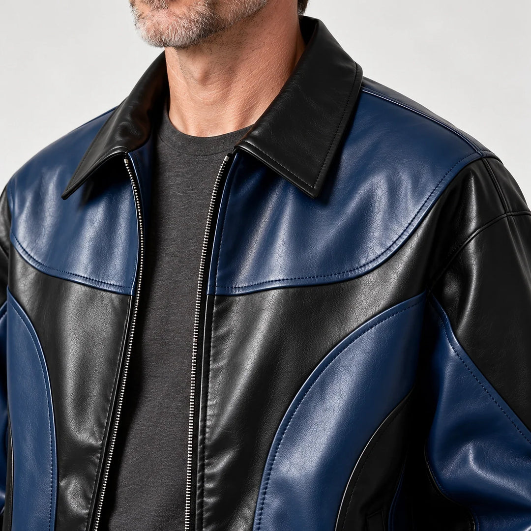 Dovek Leather Bomber Jacket — Navy & Black (apparel detail)