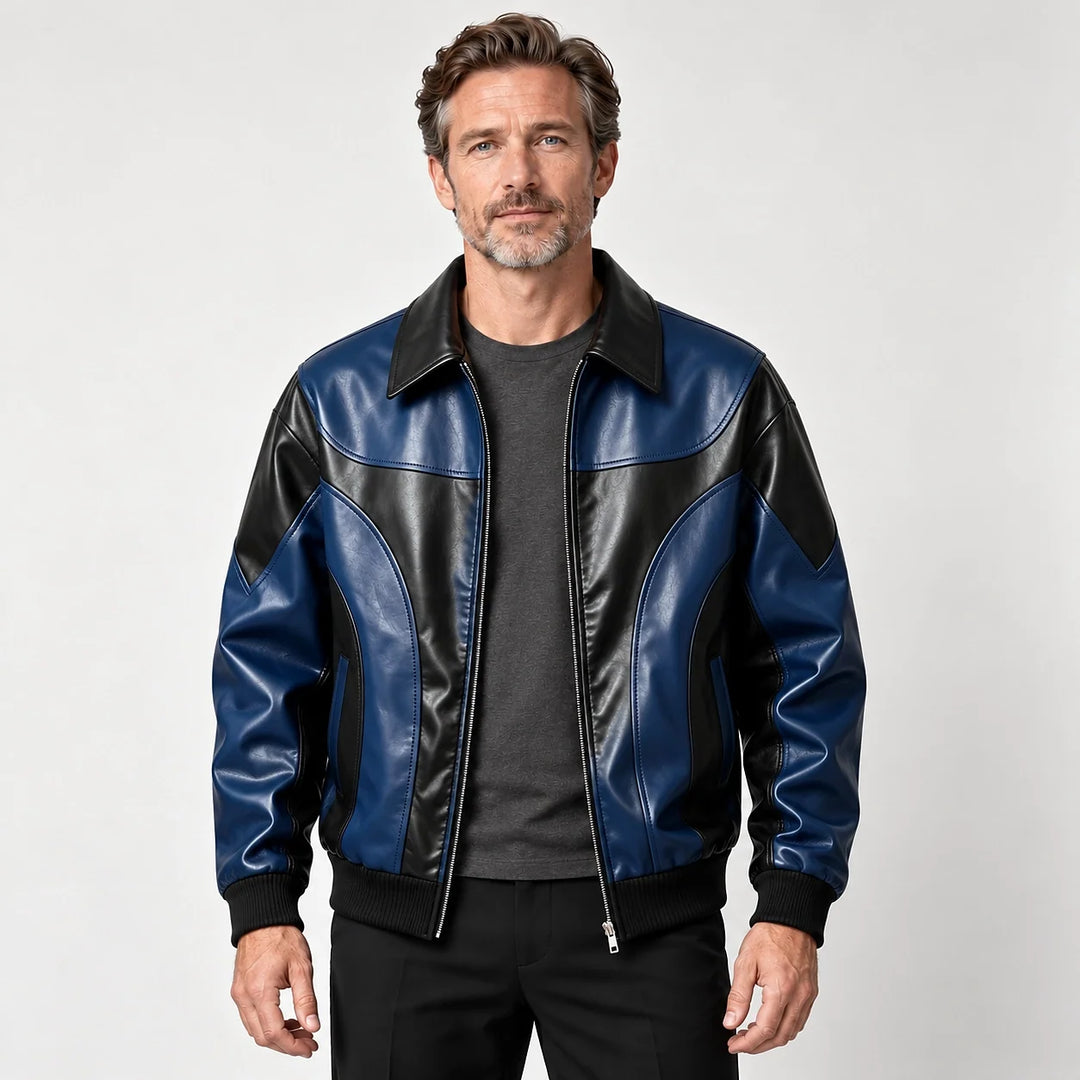 Dovek Leather Bomber Jacket — Navy & Black (apparel front)