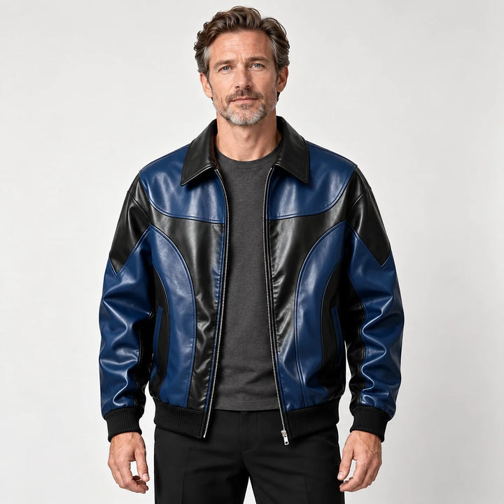 Dovek Leather Bomber Jacket — Navy & Black (apparel front)