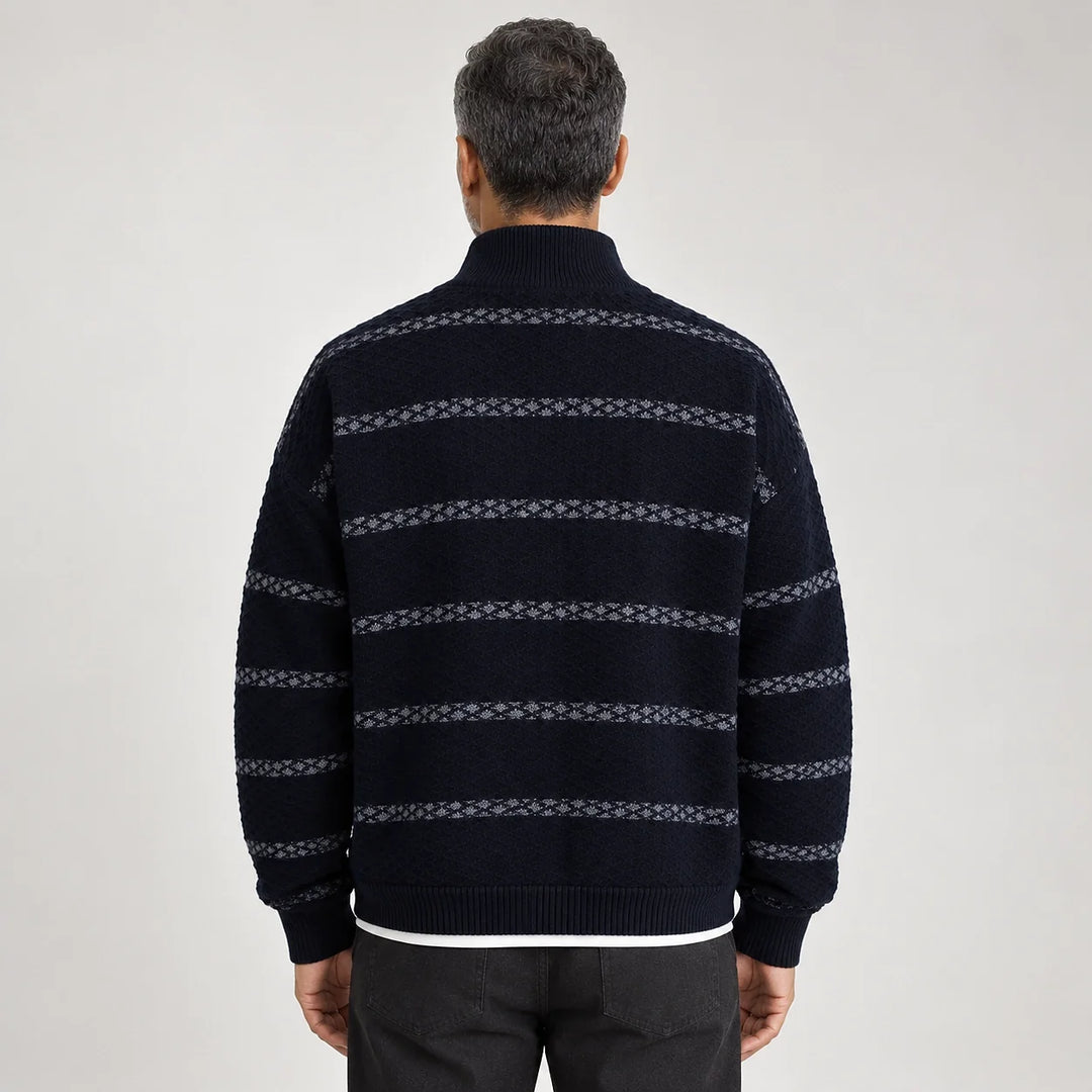 Drevon Striped Knit Cardigan — Navy Blue (apparel back)