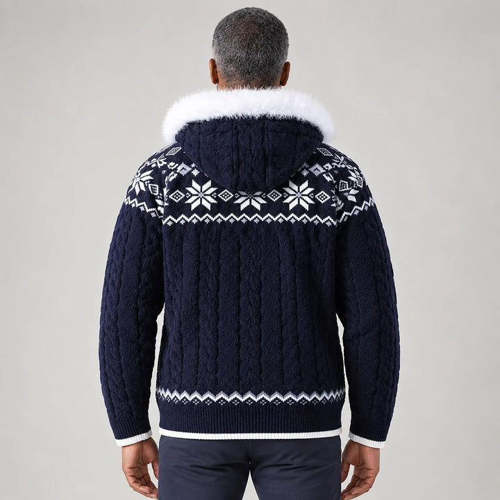 Halvern Cable-Knit Hooded Cardigan — Navy Blue (apparel back)