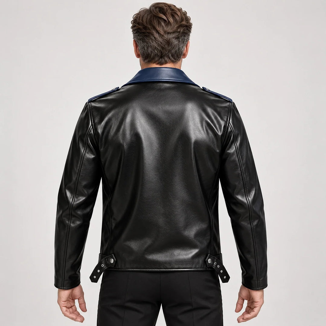 Marovienne Leather Biker Jacket — Navy Blue (apparel back)