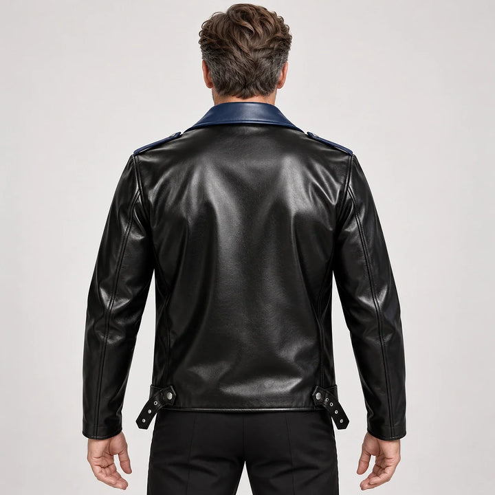 Marovienne Leather Biker Jacket — Navy Blue (apparel back)