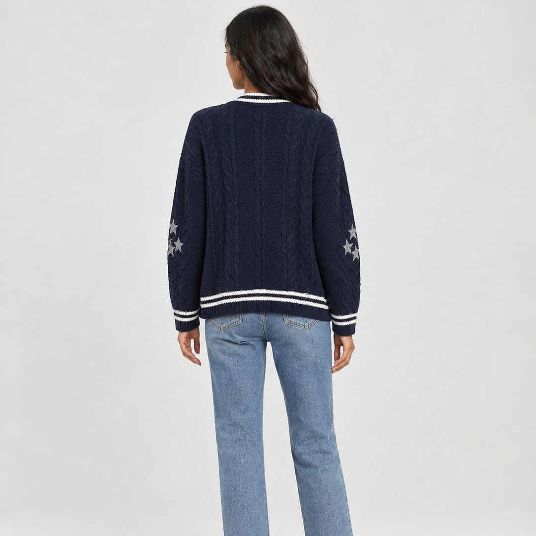 Delwyn Cable-Knit Star Cardigan — Navy Blue (apparel back)