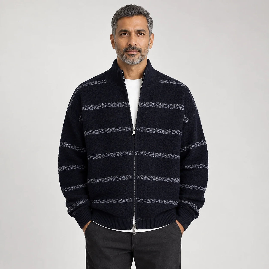 Drevon Striped Knit Cardigan — Navy Blue (apparel front)