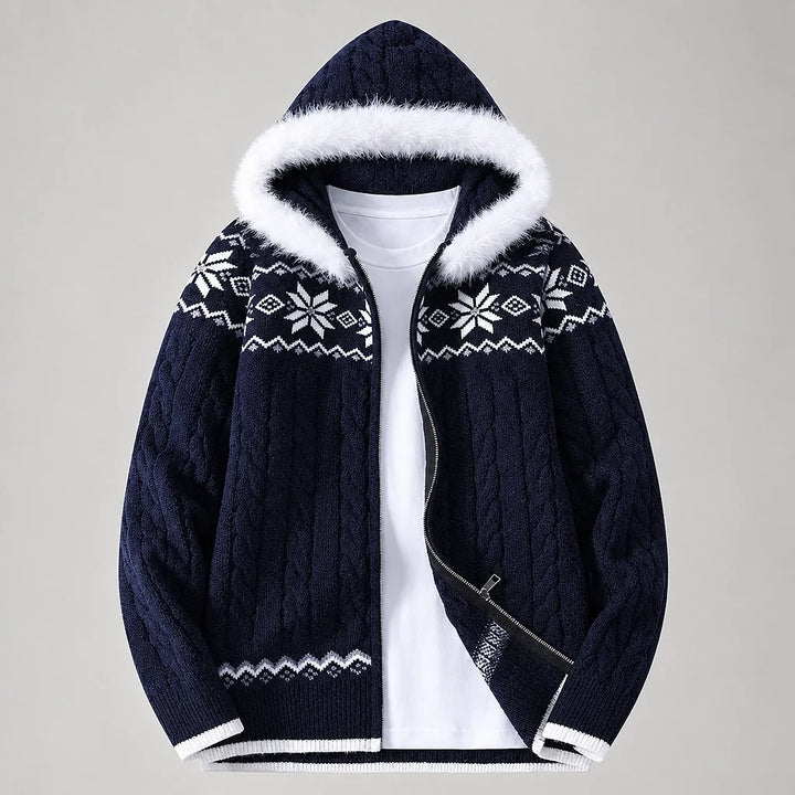 Halvern Cable-Knit Hooded Cardigan — Navy Blue (apparel solo)