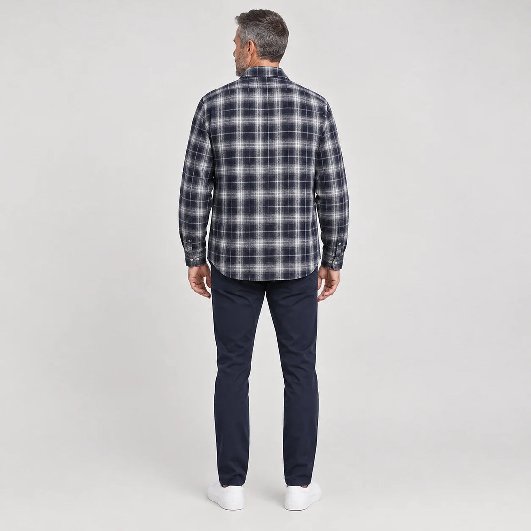 Delvano Plaid Flannel Shirt — Navy Blue Grid (apparel back)