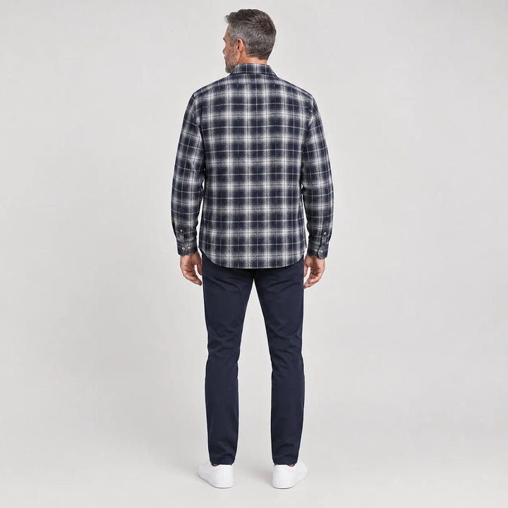 Delvano Plaid Flannel Shirt — Navy Blue Grid (apparel back)